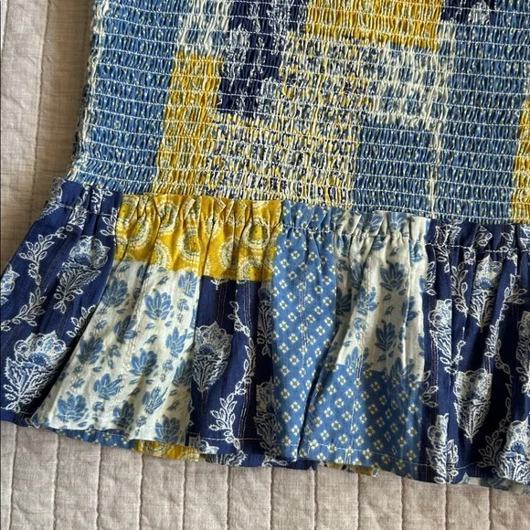 Natural life blue yellow boho floral patchwork smocked ruffle hem tops L XL - Picture 10 of 13